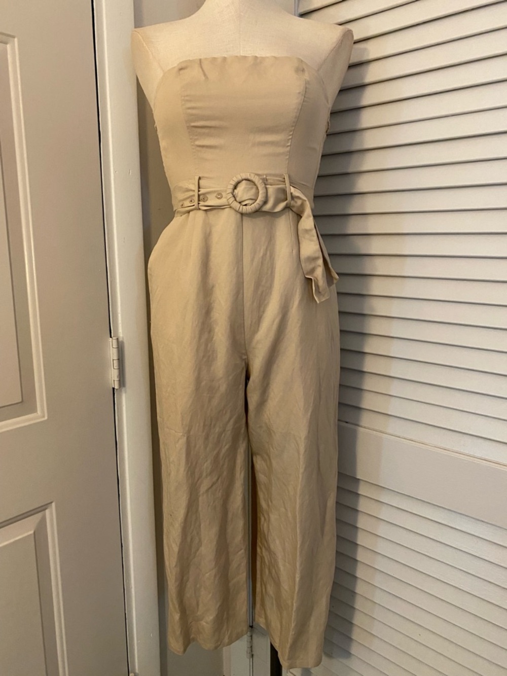 Astr Strapless Belted Wide-Leg Jumpsuit in Beige- Size XS